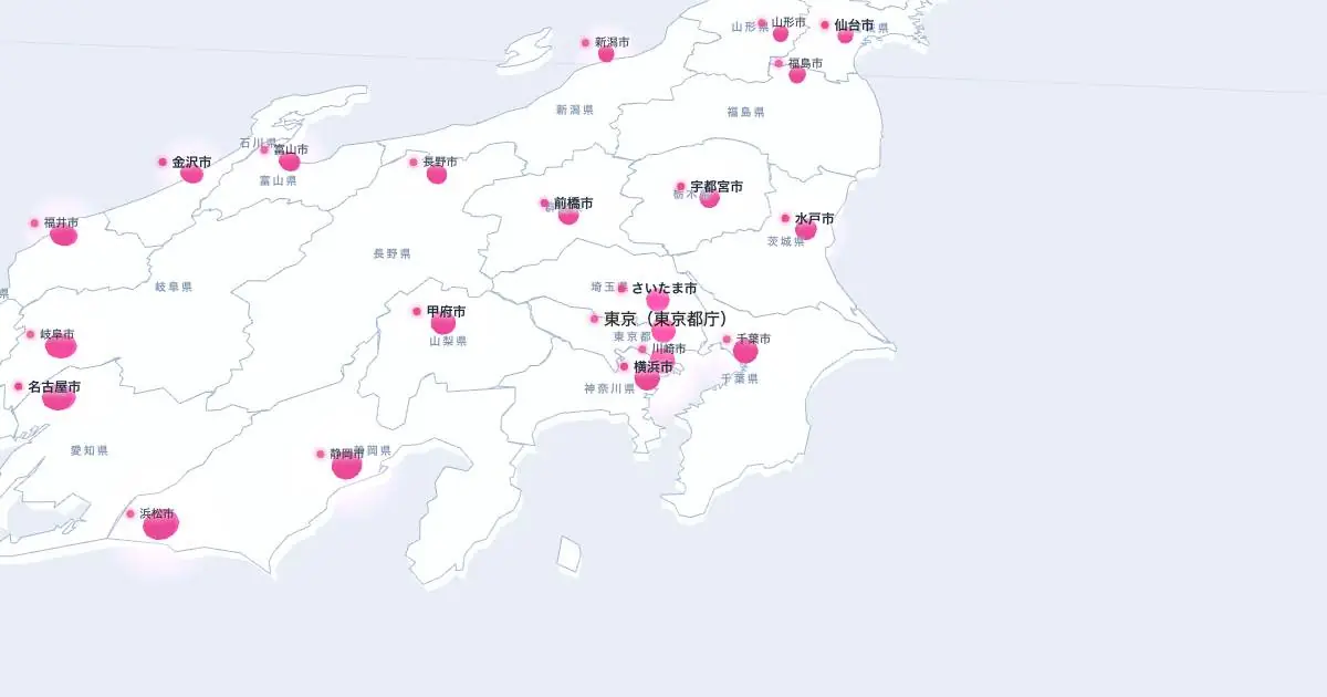 東京（東京都庁）の位置を示す3D日本地図