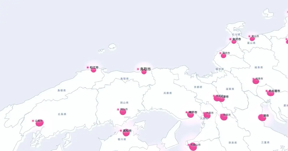 鳥取市の位置を示す3D日本地図