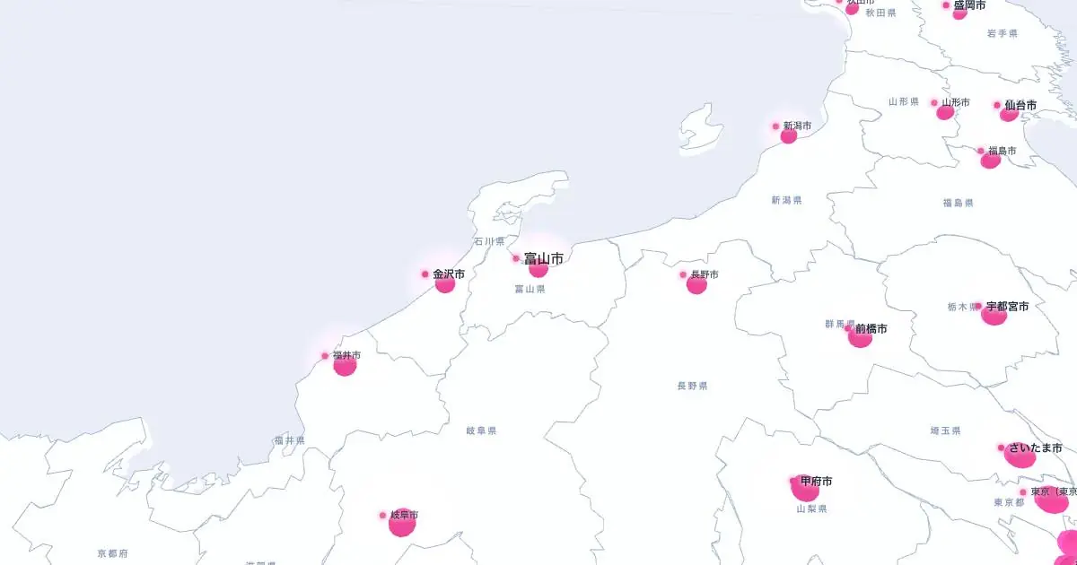 富山市の位置を示す3D日本地図