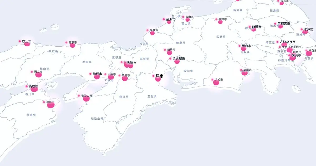 津市の位置を示す3D日本地図