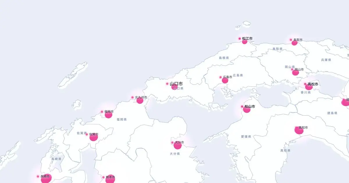 山口市の位置を示す3D日本地図