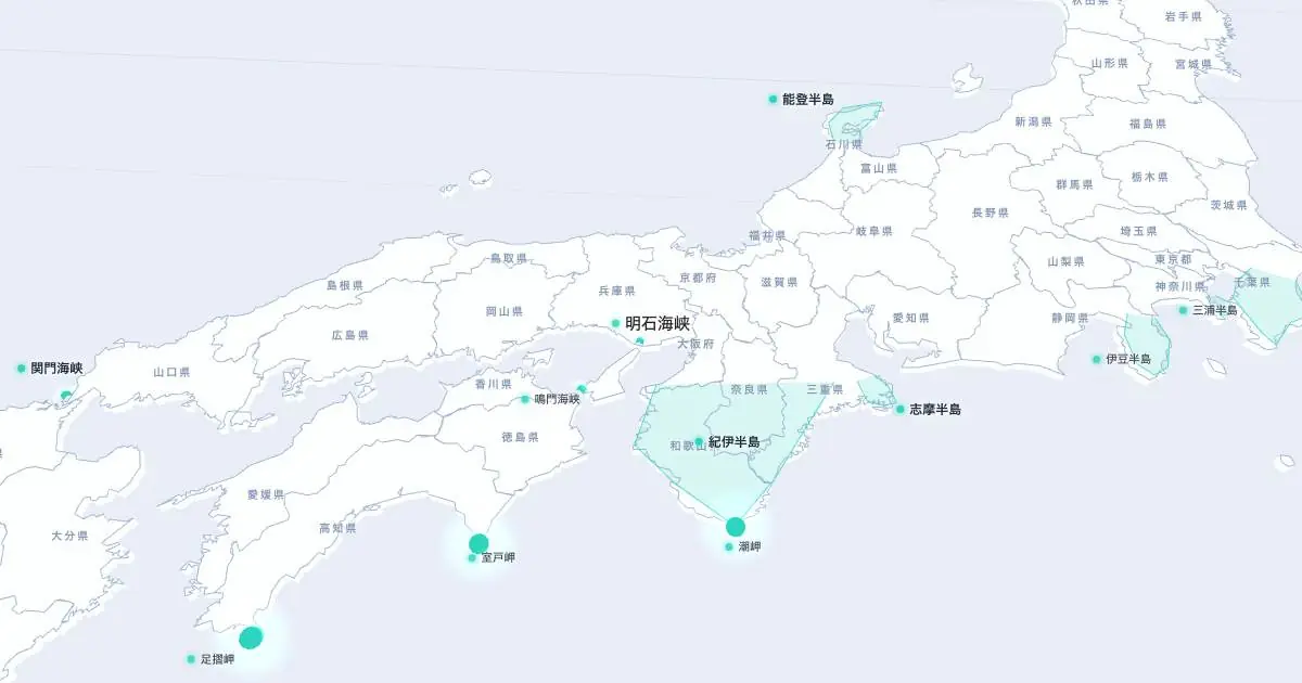 明石海峡の位置を示す3D日本地図