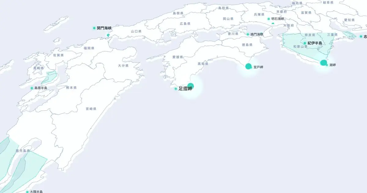 足摺岬の位置を示す3D日本地図
