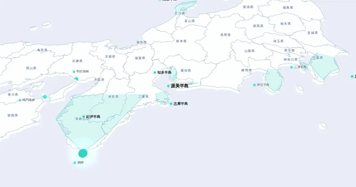 渥美半島の位置を示す3D日本地図