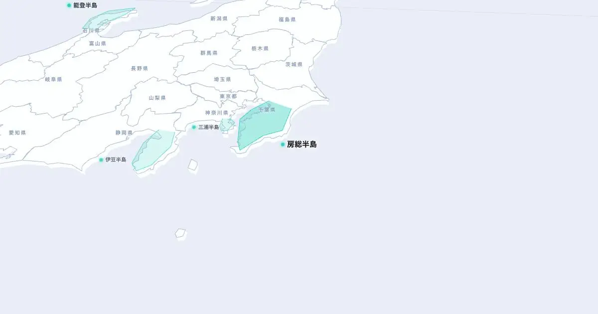 房総半島の位置を示す3D日本地図