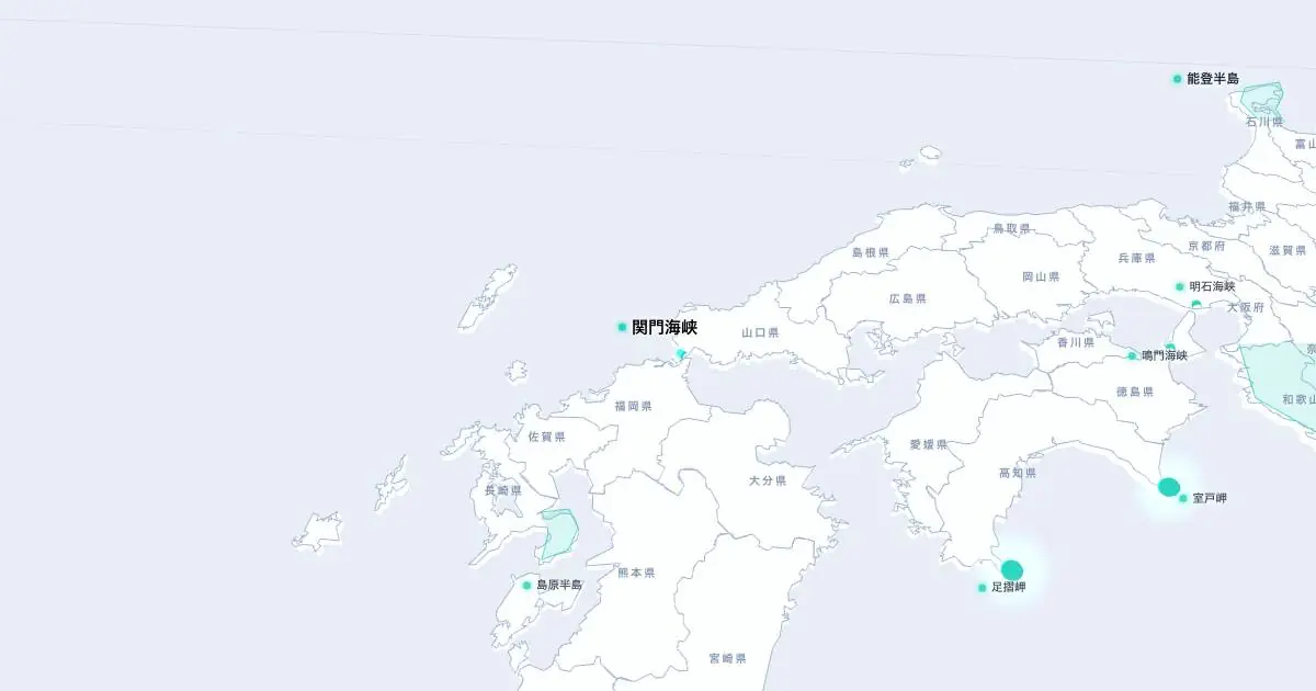 関門海峡の位置を示す3D日本地図