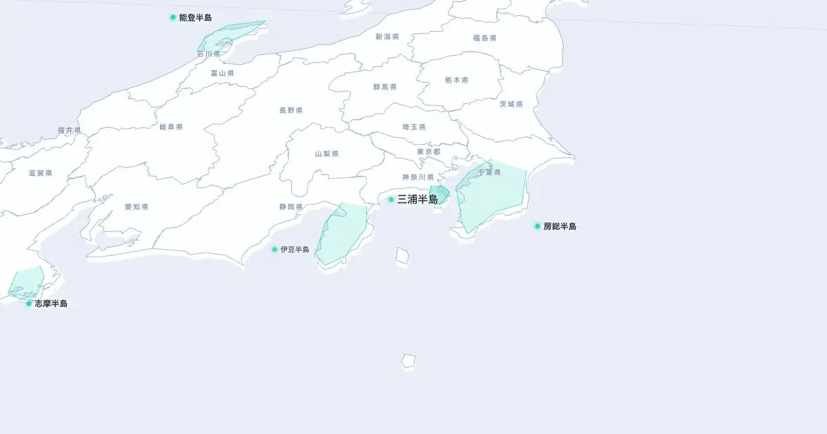 三浦半島の位置を示す3D日本地図