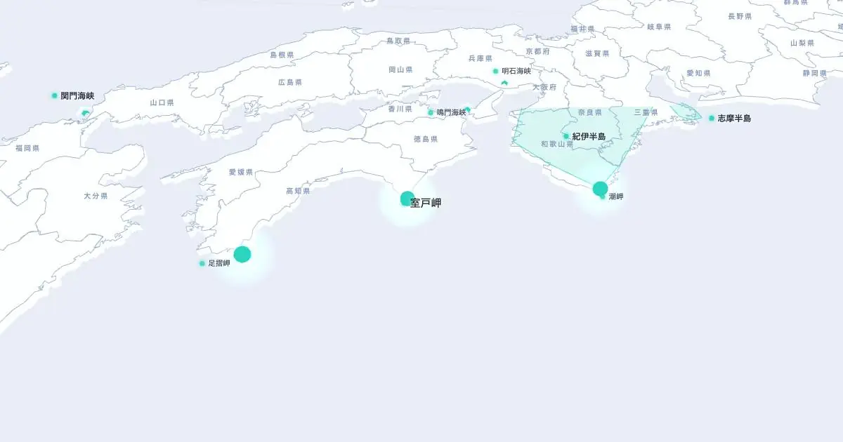 室戸岬の位置を示す3D日本地図