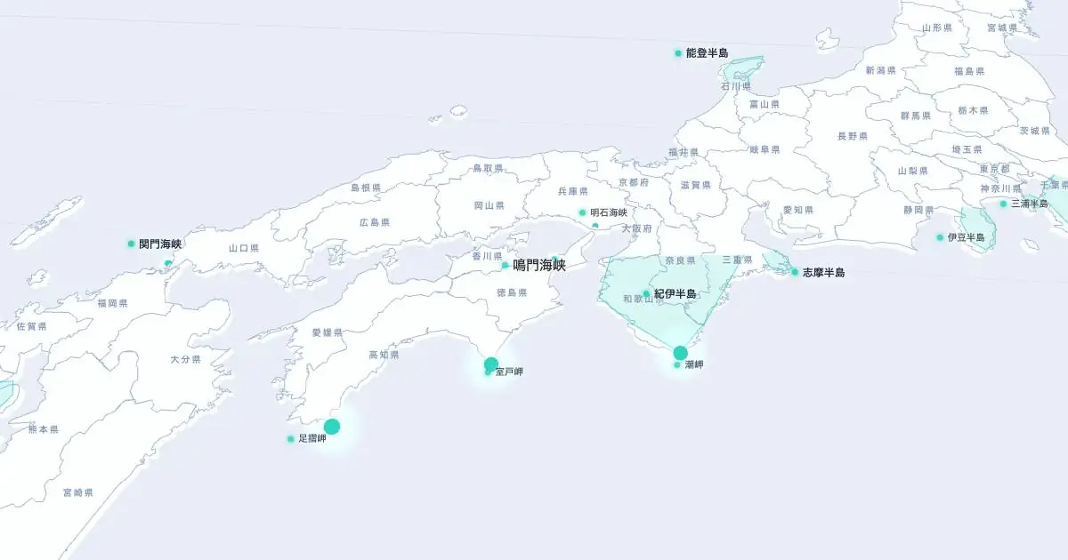 鳴門海峡の位置を示す3D日本地図