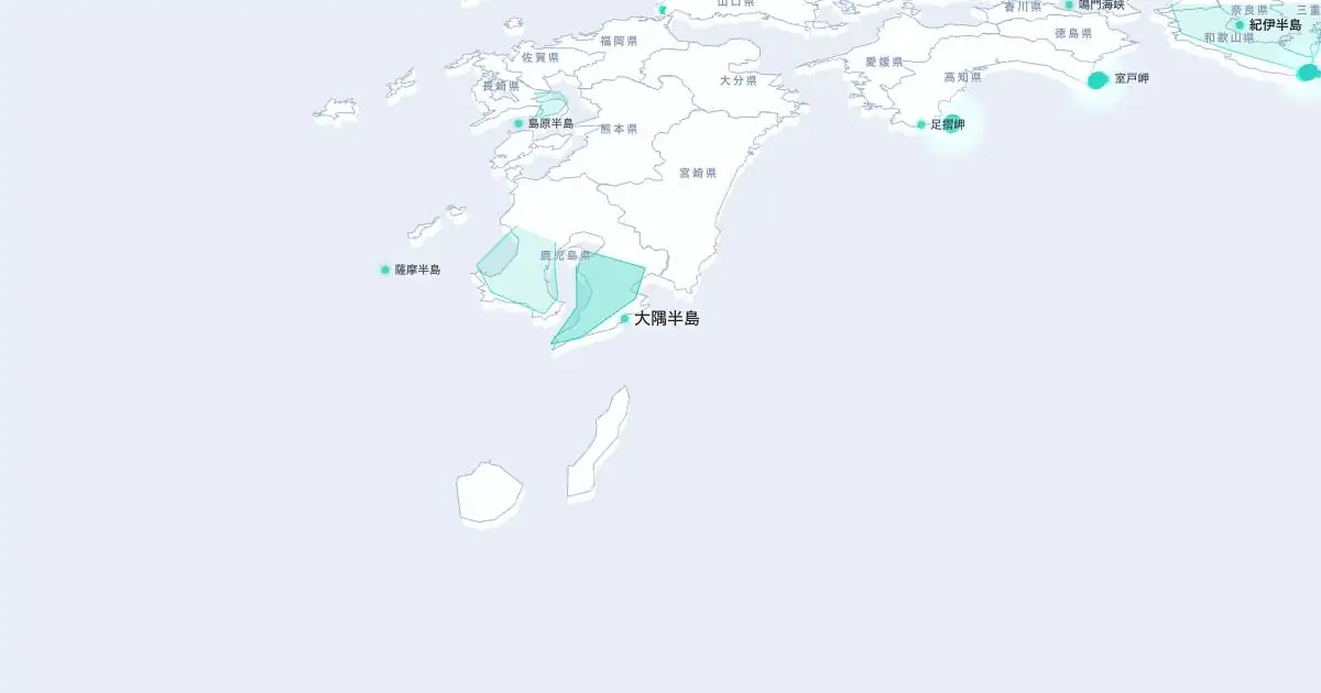 大隅半島の位置を示す3D日本地図