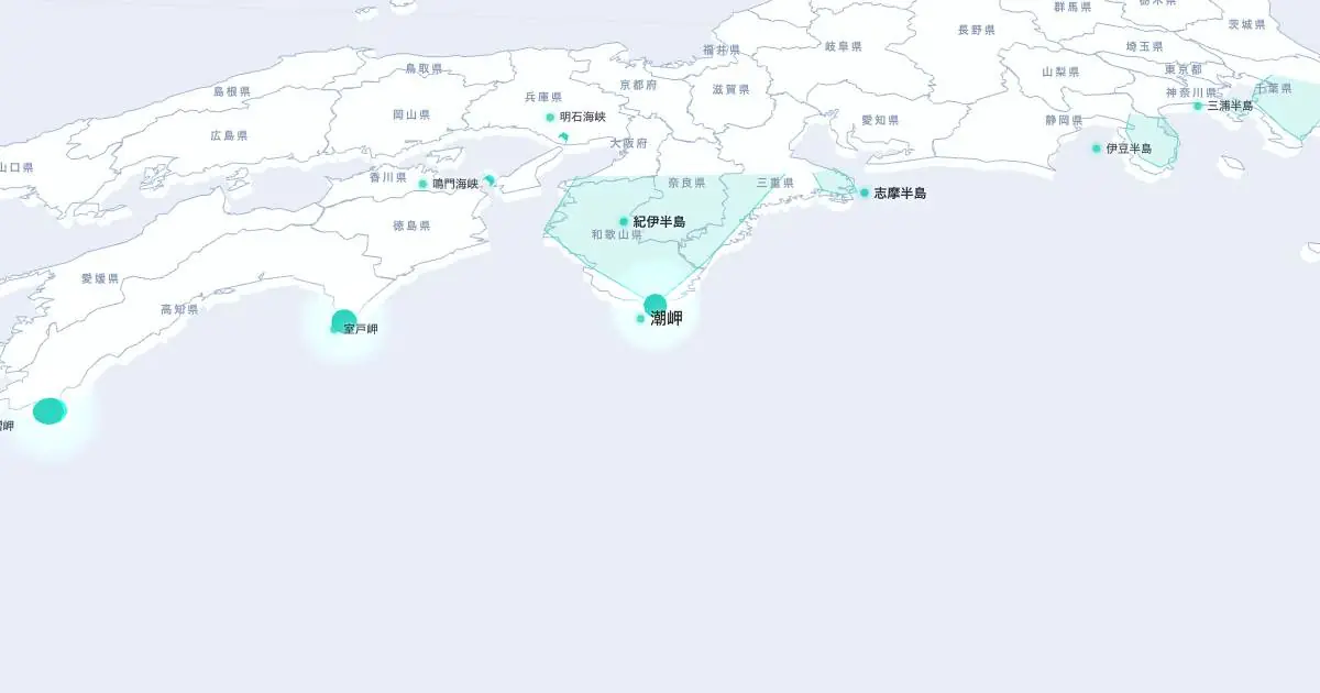 潮岬の位置を示す3D日本地図