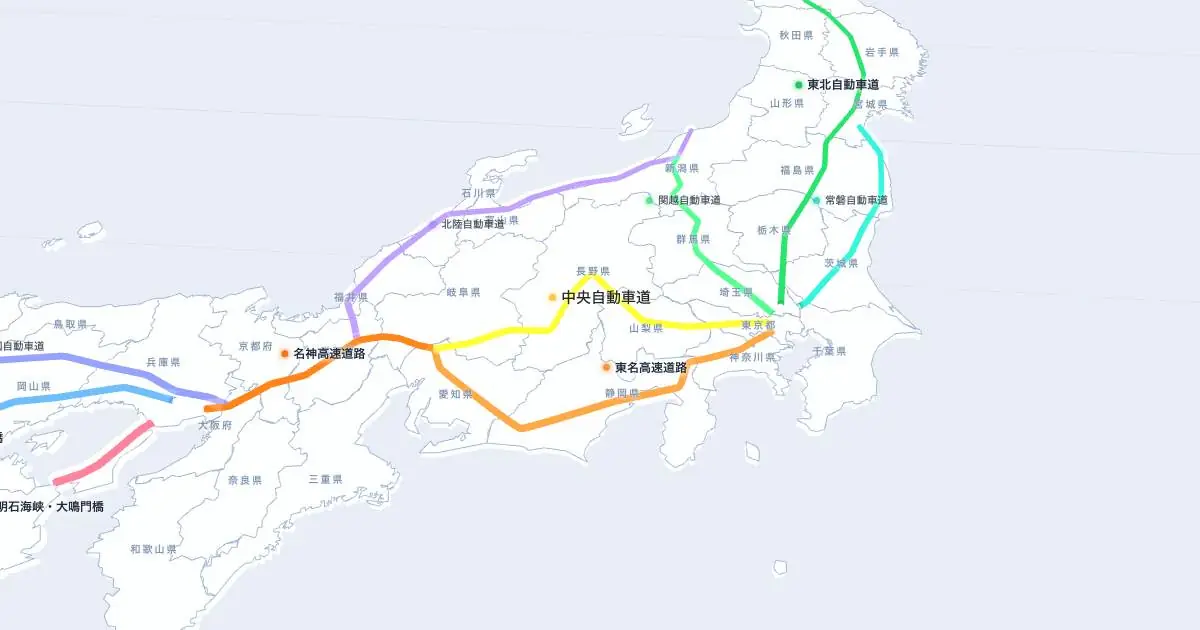中央自動車道の位置を示す3D日本地図
