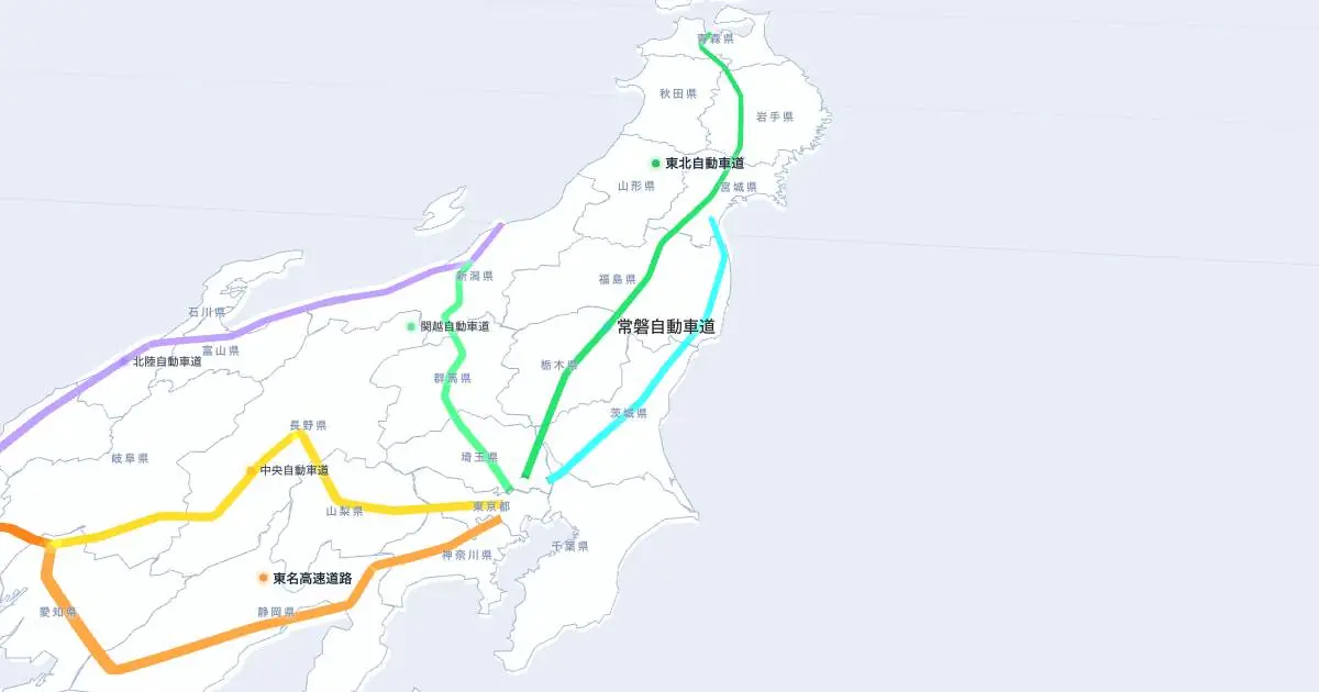 常磐自動車道の位置を示す3D日本地図