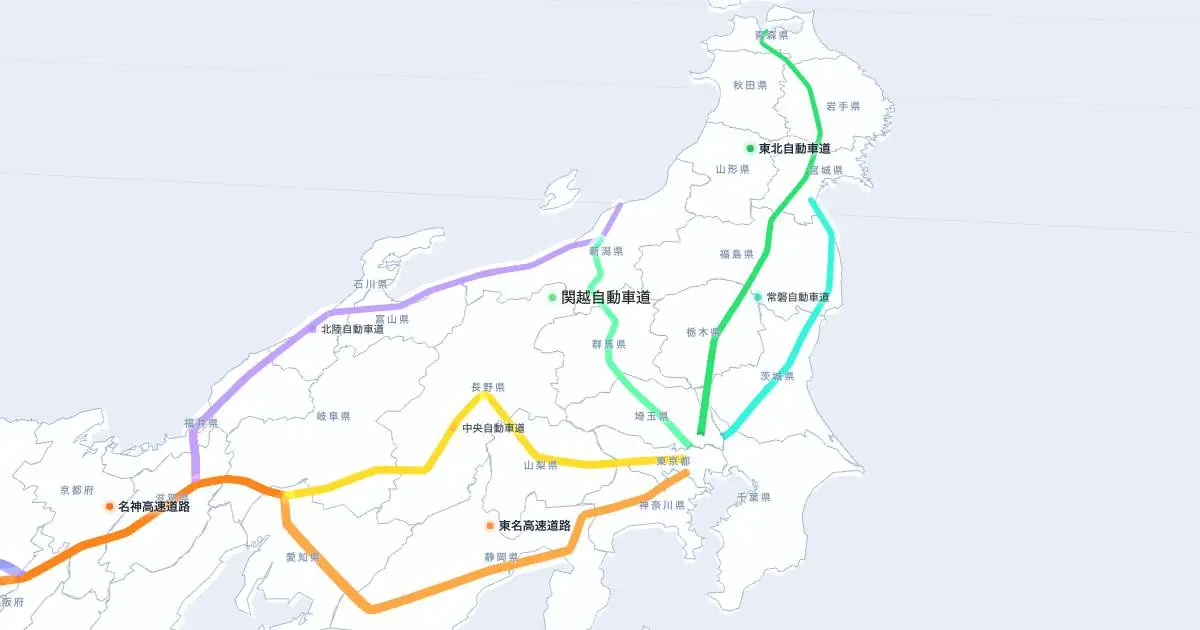 関越自動車道の位置を示す3D日本地図