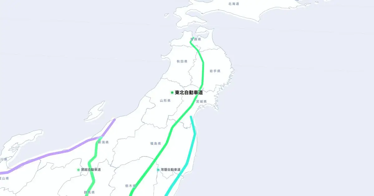 東北自動車道の位置を示す3D日本地図