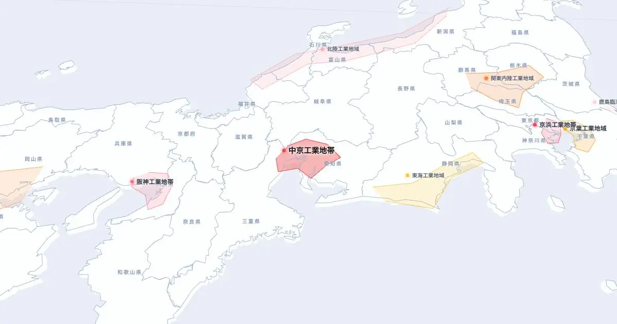 中京工業地帯の位置を示す3D日本地図