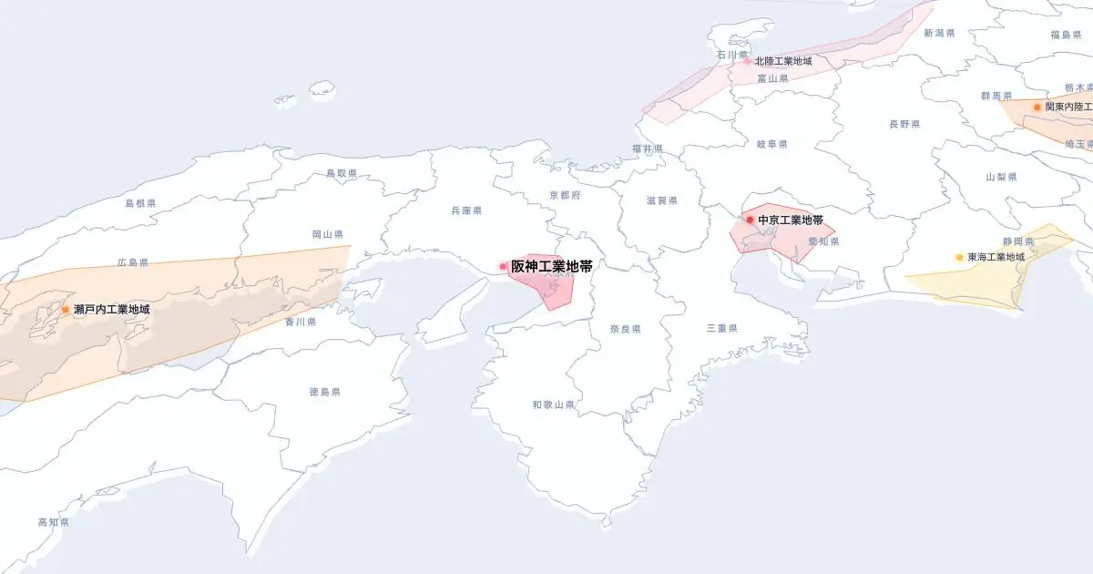 阪神工業地帯の位置を示す3D日本地図