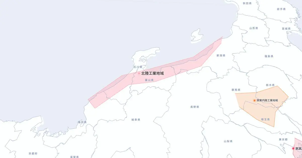 北陸工業地域の位置を示す3D日本地図