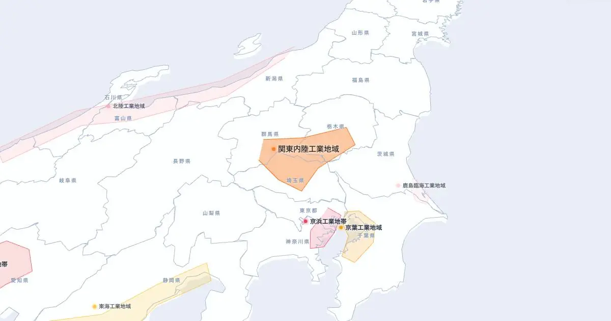 関東内陸工業地域の位置を示す3D日本地図