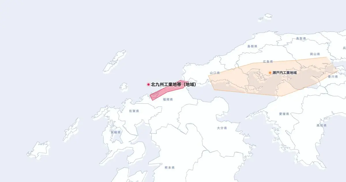 北九州工業地帯（地域）の位置を示す3D日本地図