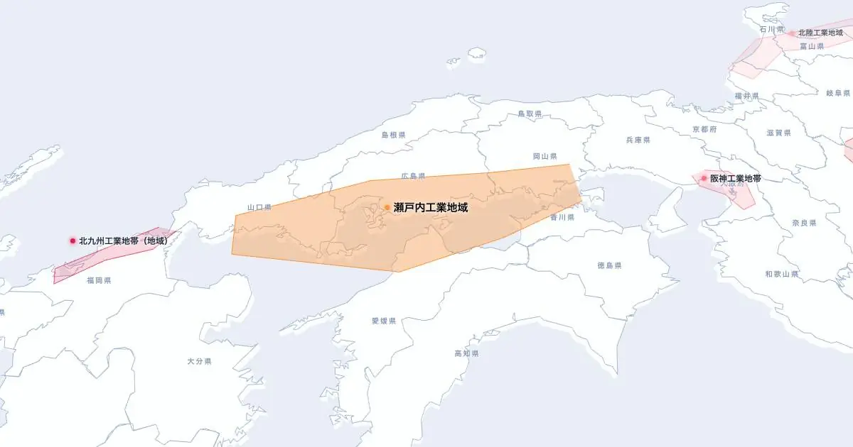 瀬戸内工業地域の位置を示す3D日本地図