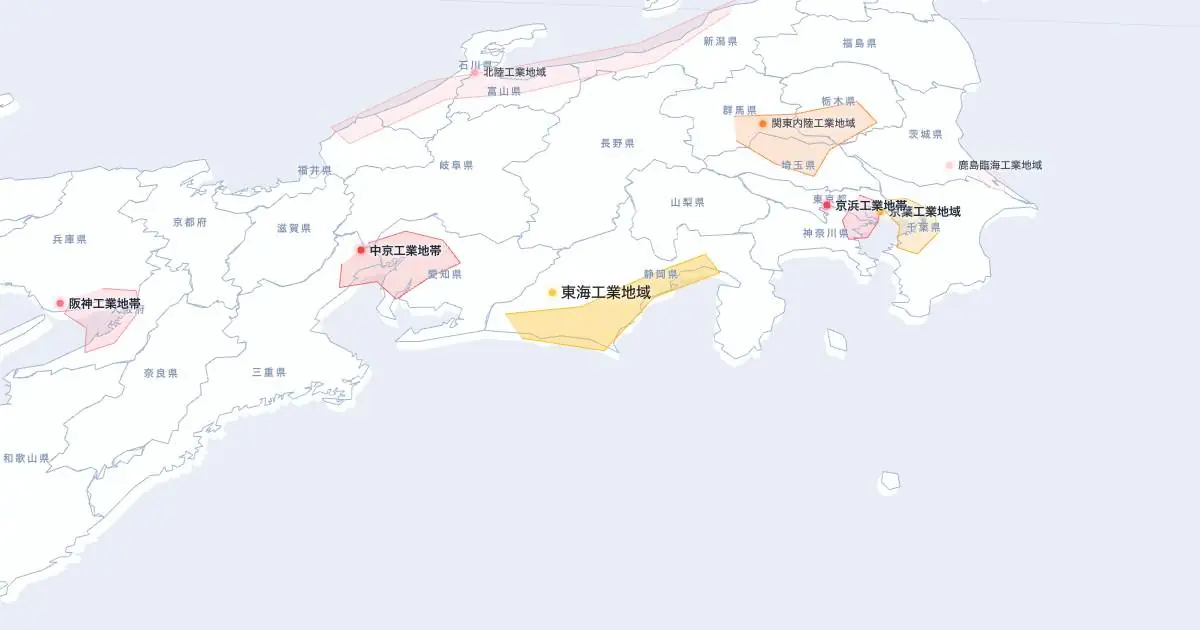 東海工業地域の位置を示す3D日本地図