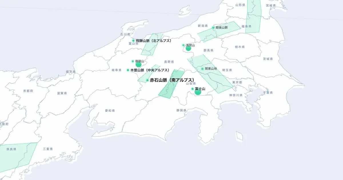 赤石山脈（南アルプス）の位置を示す3D日本地図