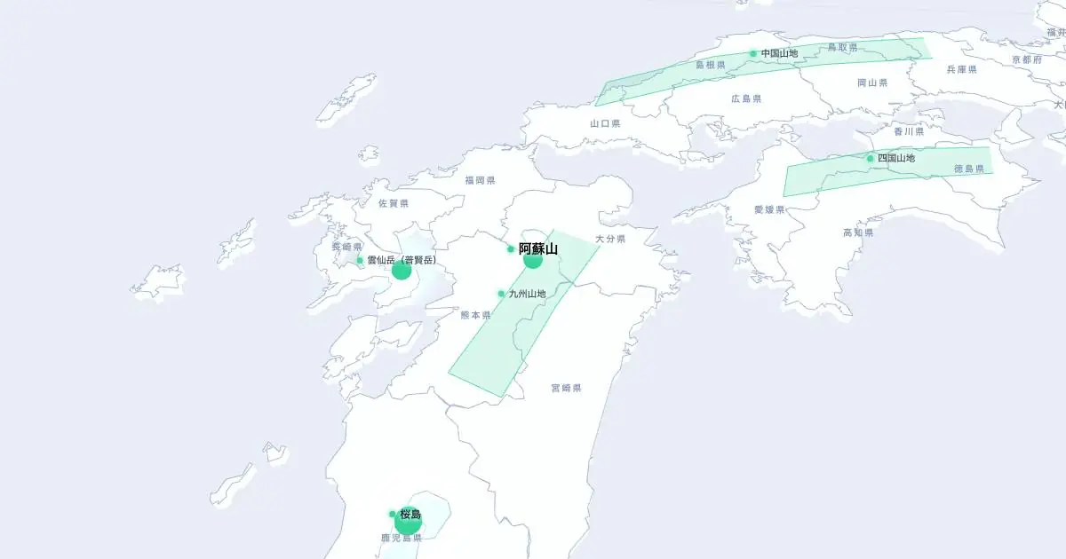 阿蘇山の位置を示す3D日本地図