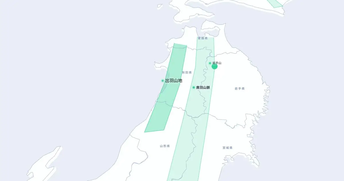 出羽山地の位置を示す3D日本地図