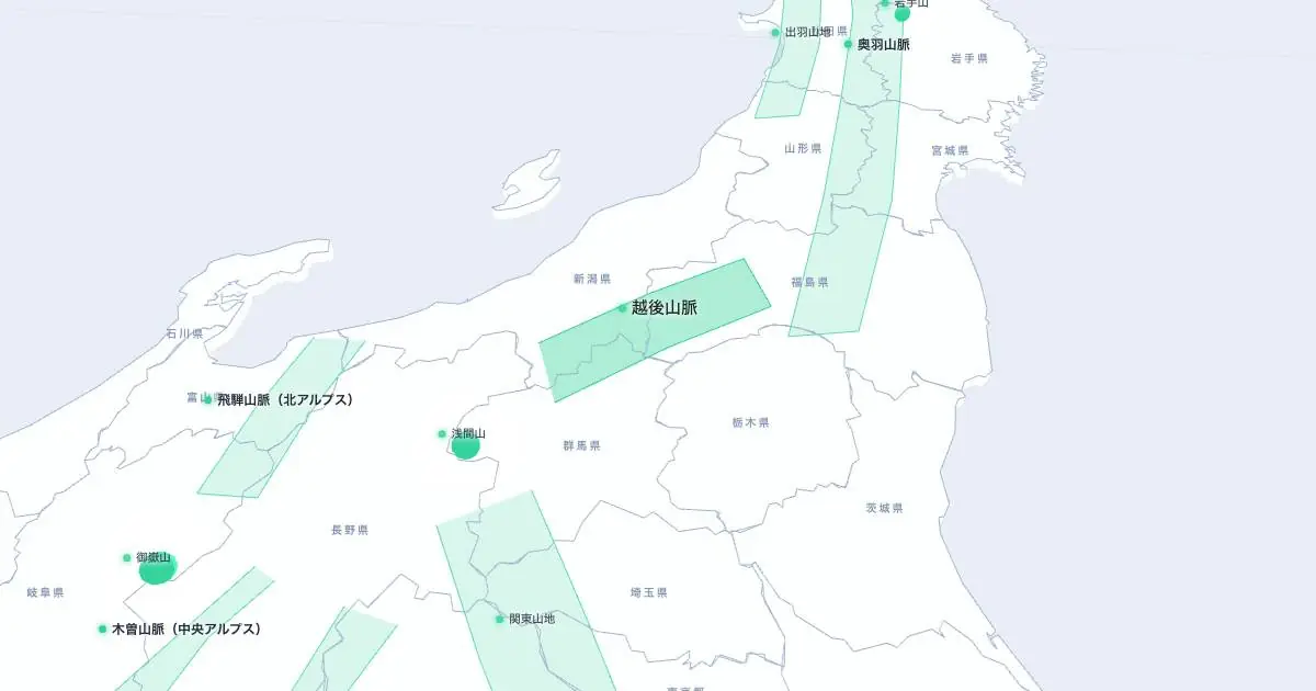 越後山脈の位置を示す3D日本地図