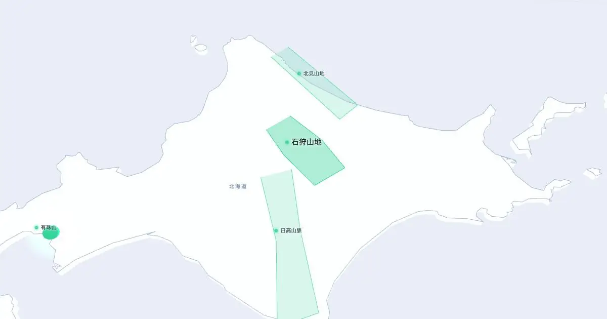 石狩山地の位置を示す3D日本地図