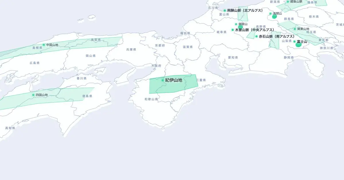 紀伊山地の位置を示す3D日本地図
