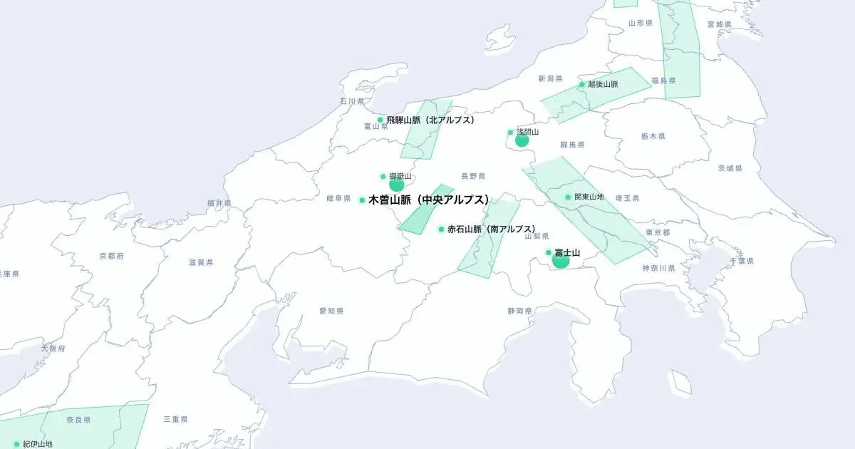 木曽山脈（中央アルプス）の位置を示す3D日本地図