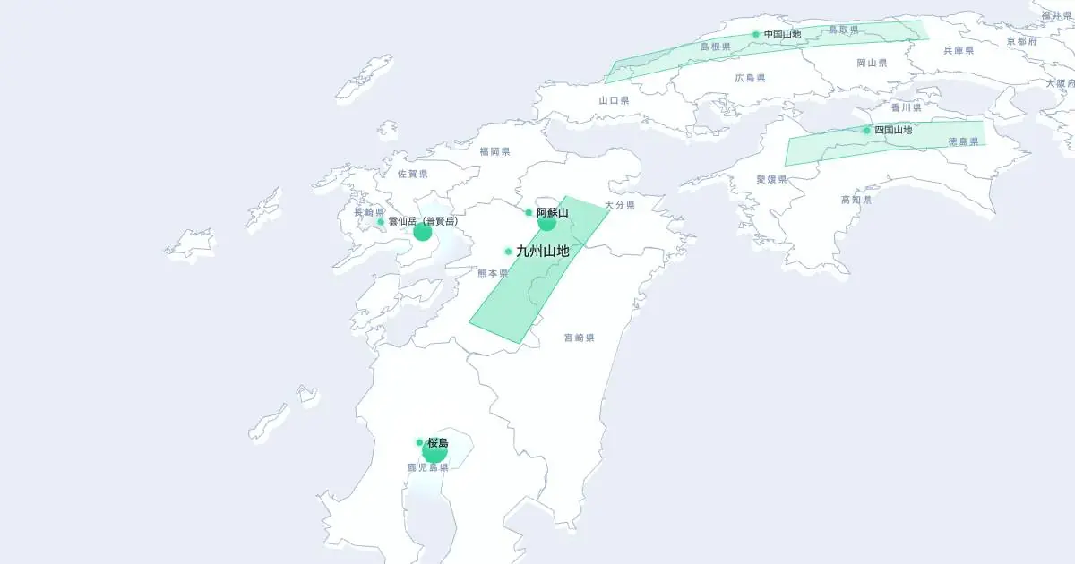 九州山地の位置を示す3D日本地図