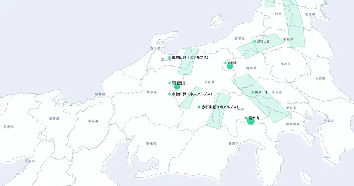 御嶽山の位置を示す3D日本地図