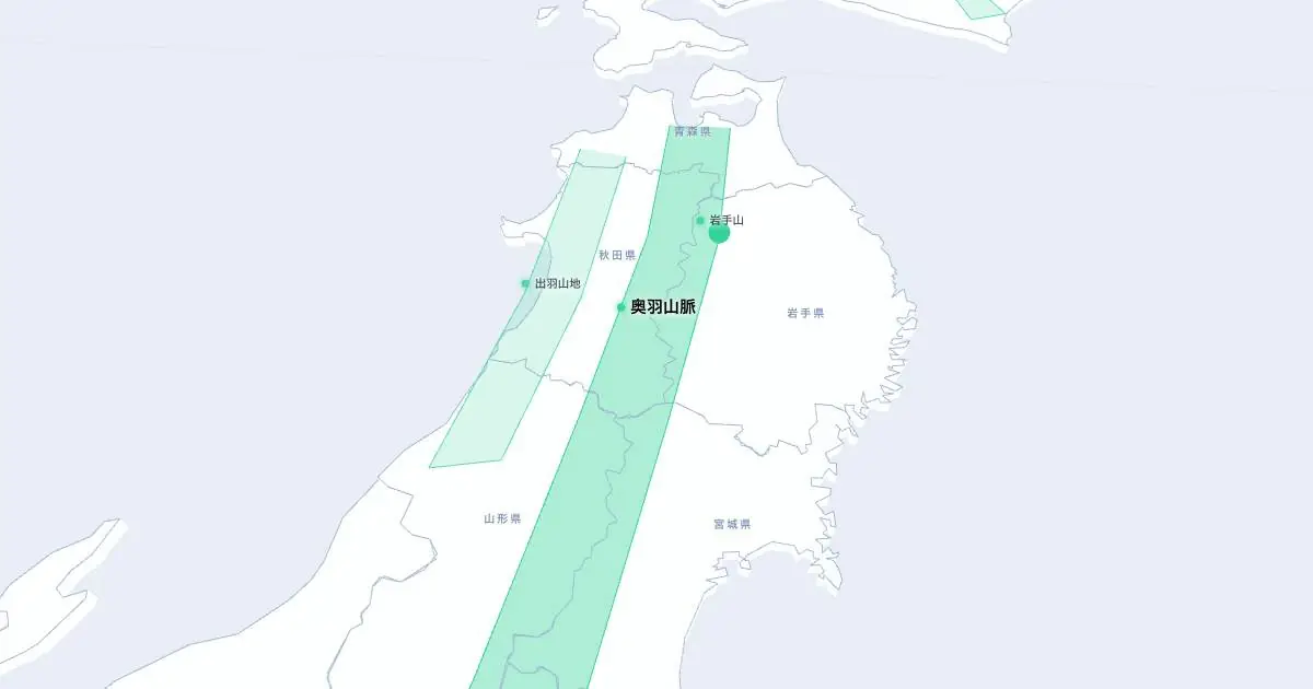 奥羽山脈の位置を示す3D日本地図