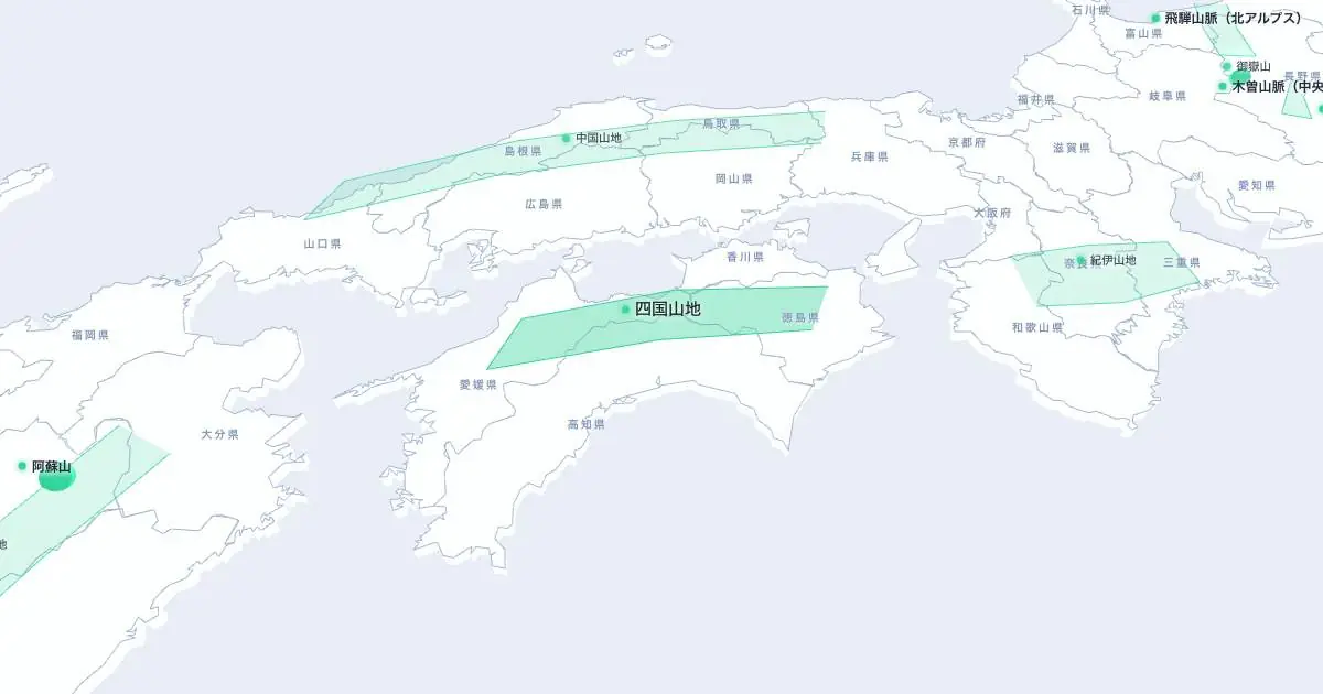 四国山地の位置を示す3D日本地図