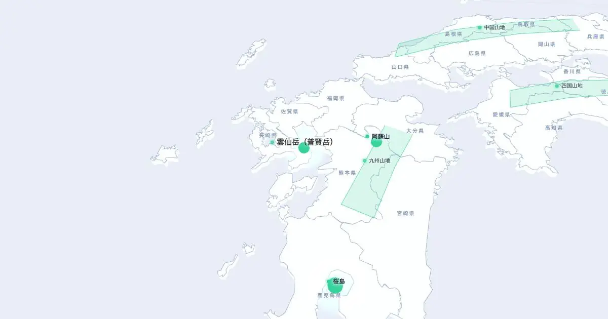 雲仙岳（普賢岳）の位置を示す3D日本地図