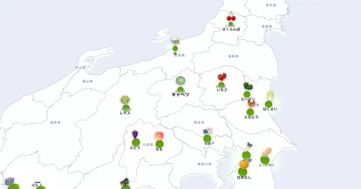 キャベツの位置を示す3D日本地図