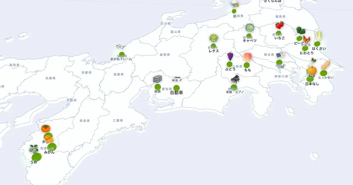 自動車（輸送用機械）の位置を示す3D日本地図