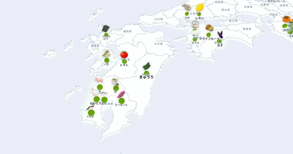 きゅうりの位置を示す3D日本地図