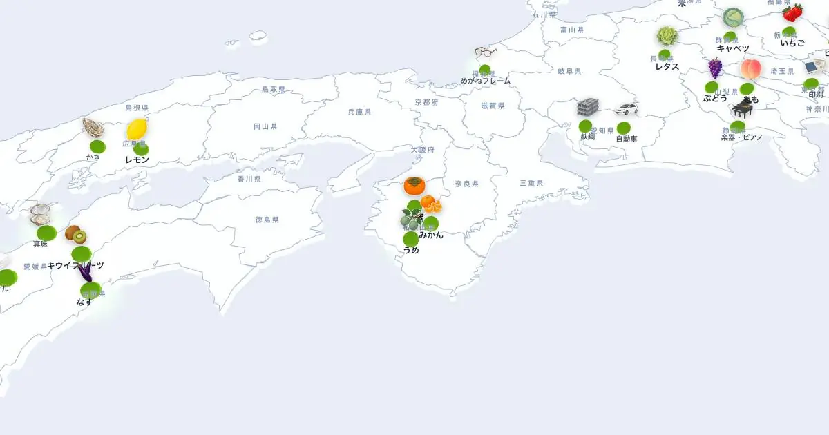 かきの位置を示す3D日本地図