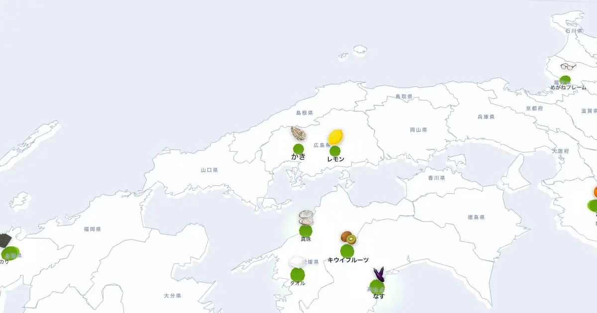 かき（貝）の位置を示す3D日本地図