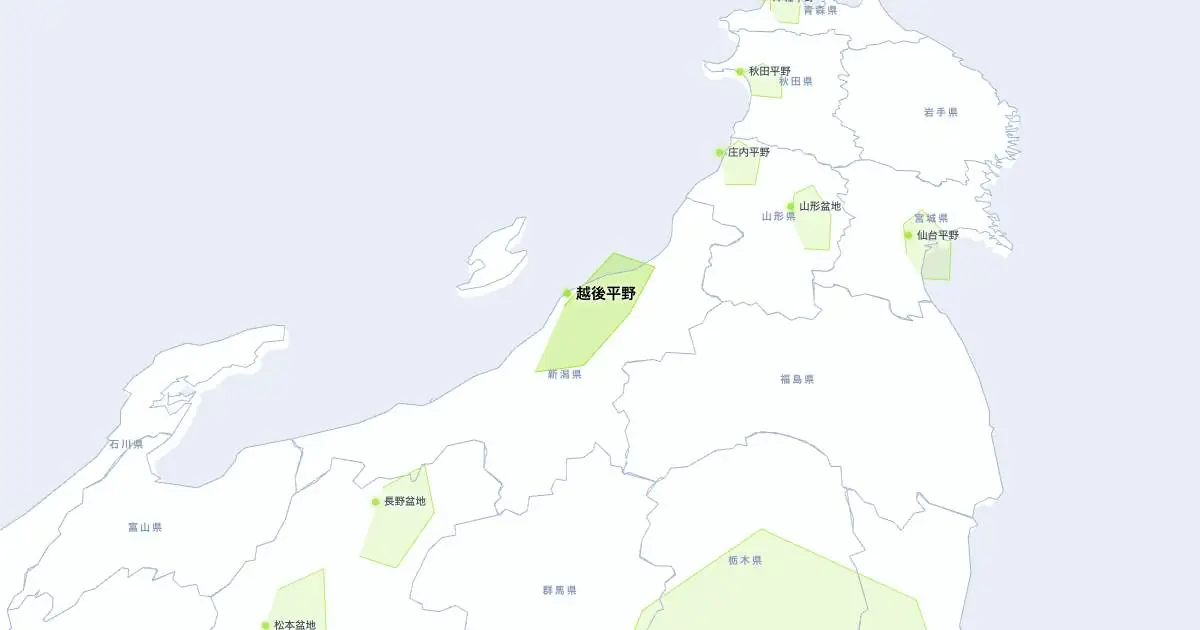 越後平野の位置を示す3D日本地図