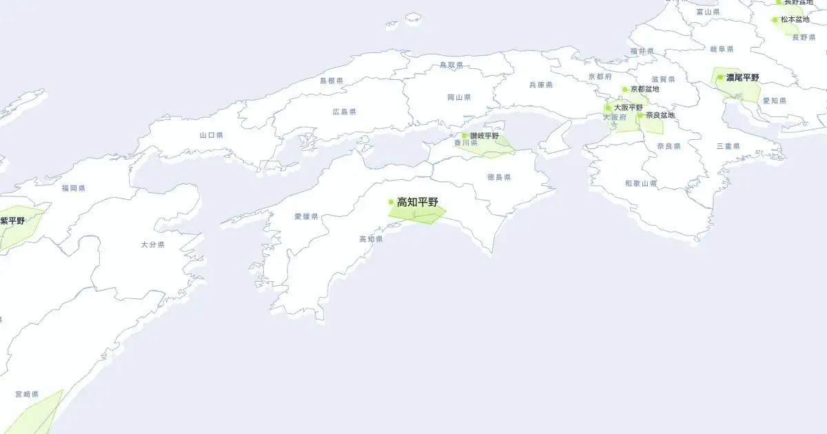 高知平野の位置を示す3D日本地図
