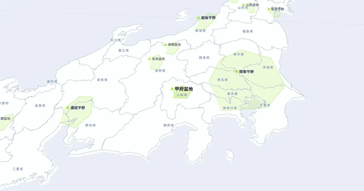 甲府盆地の位置を示す3D日本地図