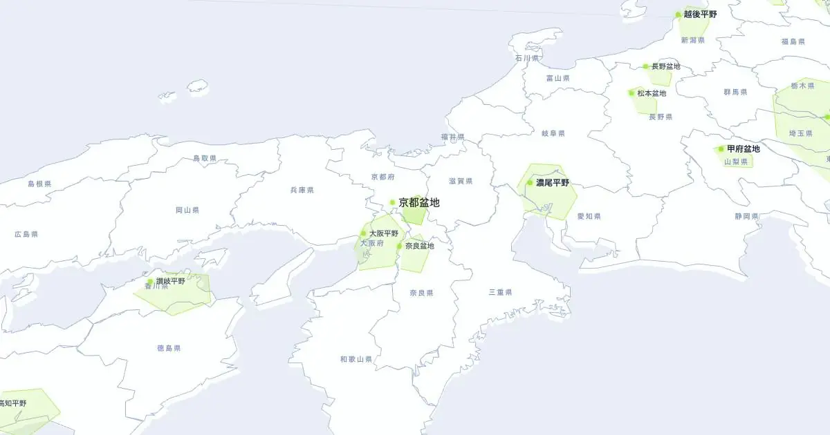 京都盆地の位置を示す3D日本地図