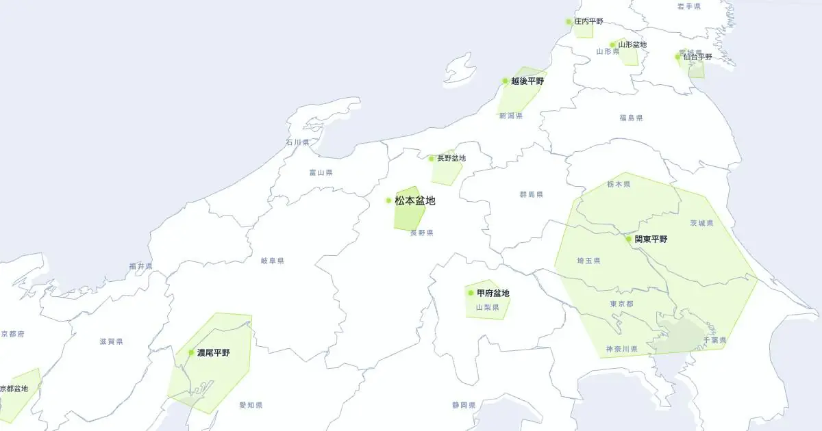 松本盆地の位置を示す3D日本地図