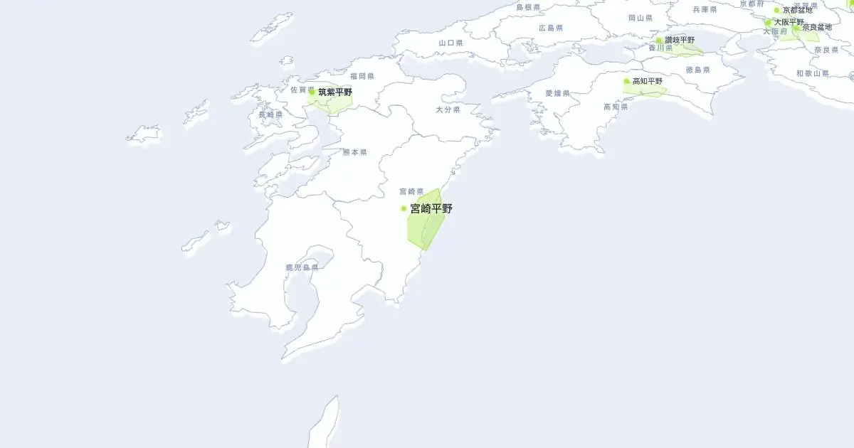 宮崎平野の位置を示す3D日本地図