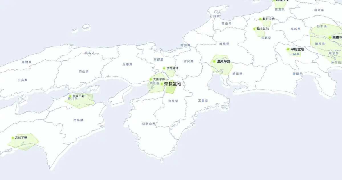 奈良盆地の位置を示す3D日本地図